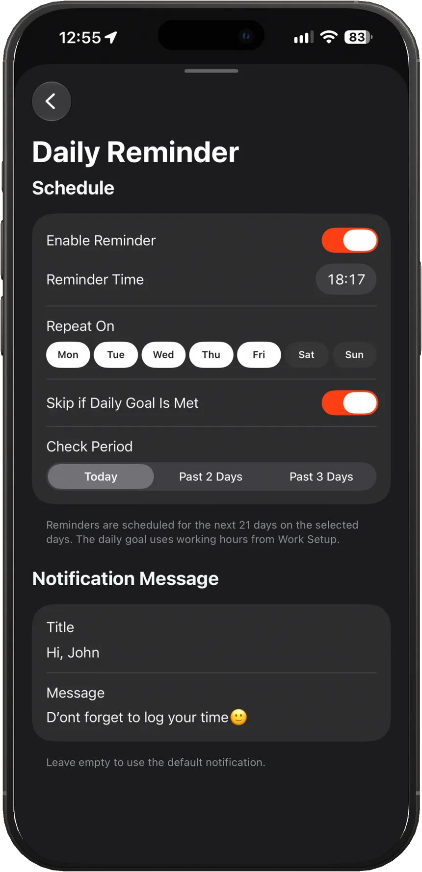 Daily reminder settings