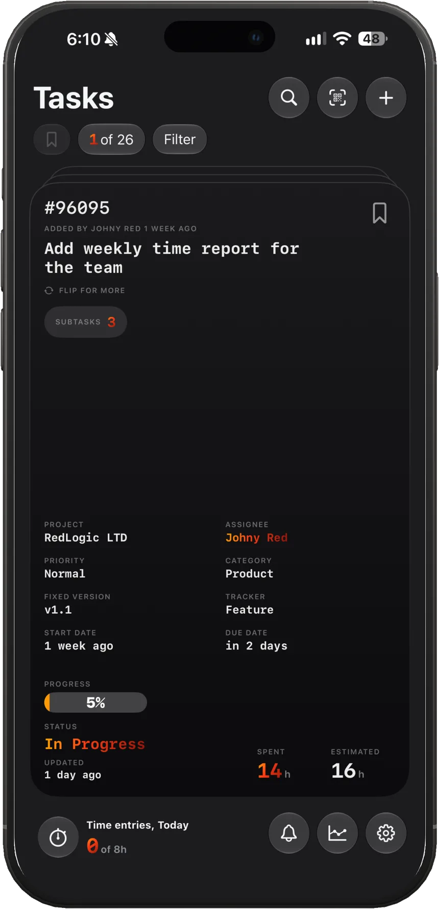 Main screen, tasks