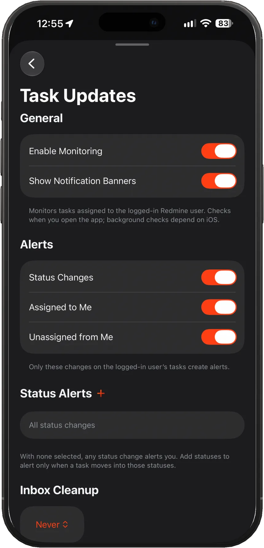 Task updates settings